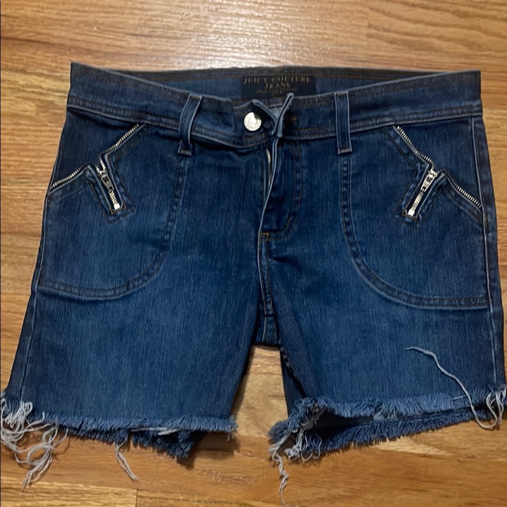 Juicy Couture Blue Jean Shorts with Distressed Hem and Zipper Accents
